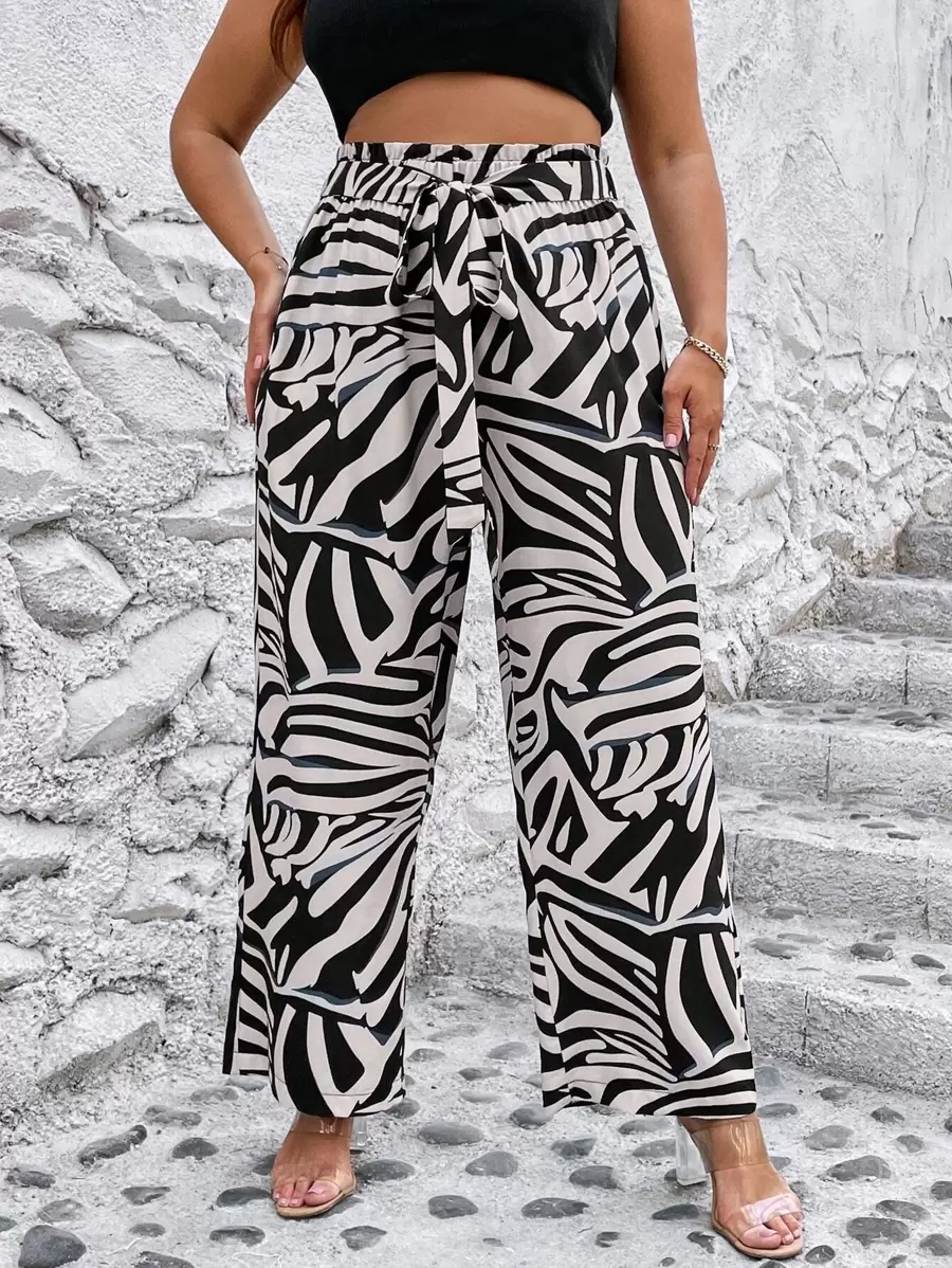 SHEIN Holidaya Plus Allover Print Tie Front Wide Leg Trousers - Black and White - View 1