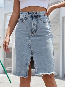 SHEIN Frenchy 纯色口袋毛边下摆休闲时尚牛仔迷你裙 - 淺色水洗藍 - 查看 6