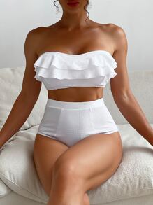 SHEIN Swim Summer Beach Textured Bikini Set Ruffle Trim Bandeau Wireless Bra & High Waist Bikini Bottom 2 Pieces Bikini - White - View 1