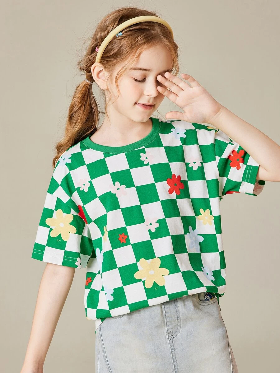 Chicas Camiseta de hombros caídos de cuadros & con estampado floral - Multicolor - Ver 1