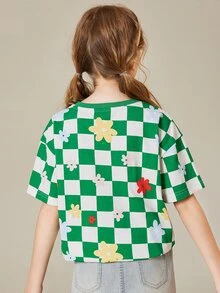 Chicas Camiseta de hombros caídos de cuadros & con estampado floral - Multicolor - Ver 2