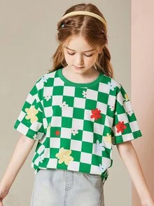 Chicas Camiseta de hombros caídos de cuadros & con estampado floral - Multicolor - Ver 3