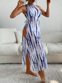 SHEIN Swim Summer Beach Tie Dye Halter Triangle Bikini Set With Cover Up - Blue and White - View 1