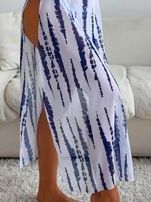 SHEIN Swim Summer Beach Tie Dye Halter Triangle Bikini Set With Cover Up - Blue and White - View 3