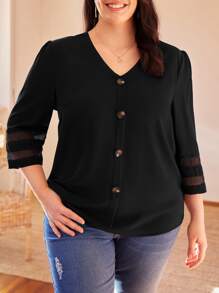 SHEIN LUNE Plus Solid Button Front Contrast Mesh Insert Blouse