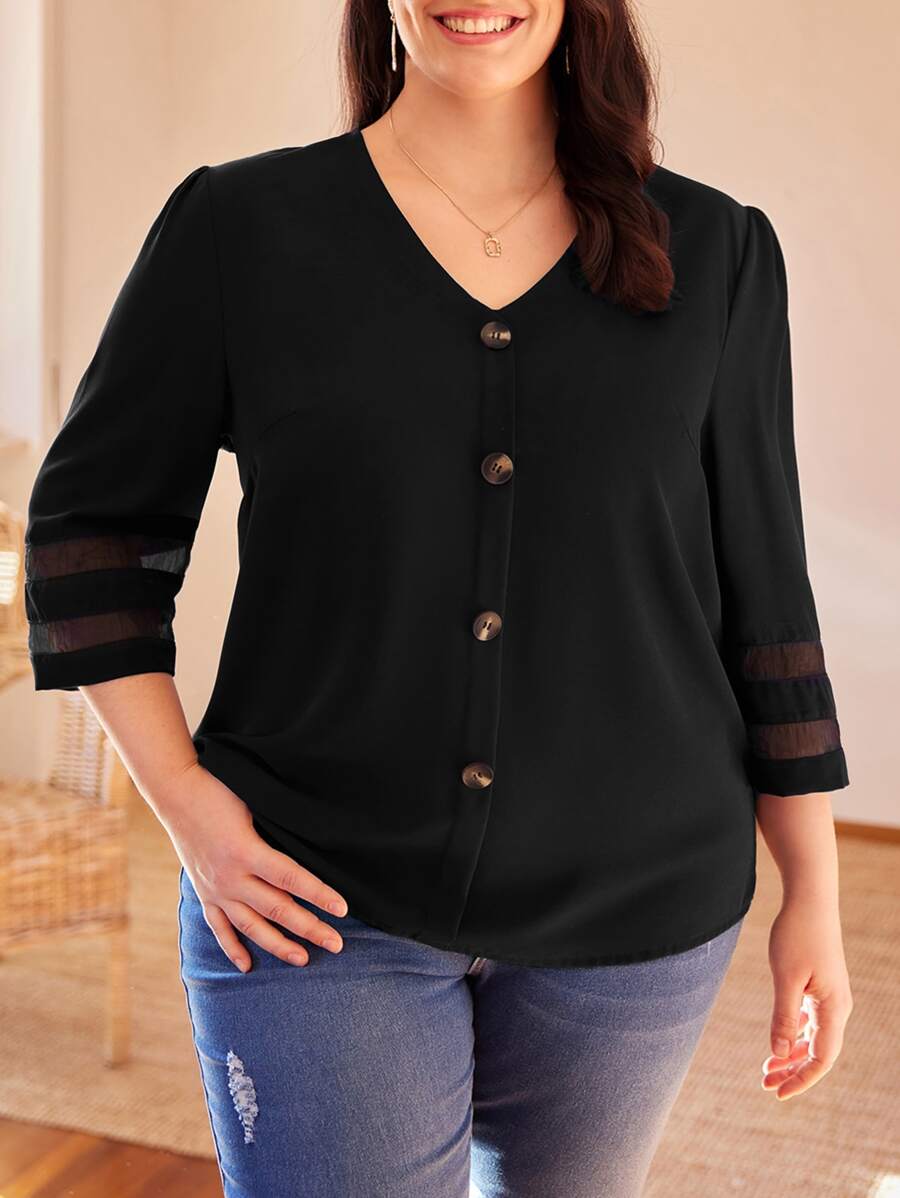 SHEIN LUNE Plus Solid Button Front Contrast Mesh Insert Blouse