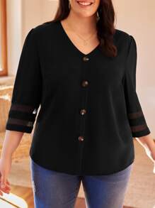 SHEIN LUNE Plus Solid Button Front Contrast Mesh Insert Blouse