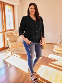 SHEIN LUNE Plus Solid Button Front Contrast Mesh Insert Blouse