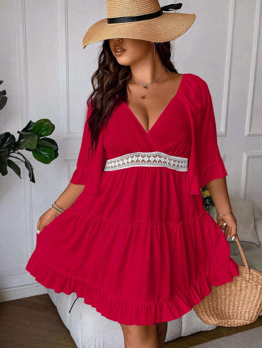 SHEIN Holidaya Vestido con encaje de manga con volante bajo con fruncido - Rojo - Ver 1