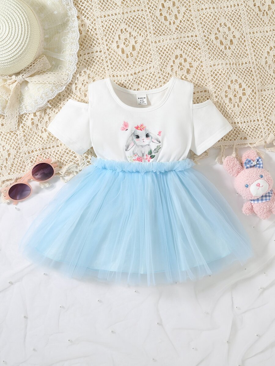 Baby Cartoon Rabbit Print Cold Shoulder Mesh Hem Dress - Blue and White - View 1