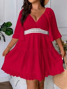 SHEIN Holidaya Vestido con encaje de manga con volante bajo con fruncido - Rojo - Ver 3
