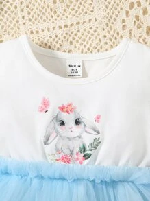 Baby Cartoon Rabbit Print Cold Shoulder Mesh Hem Dress - Blue and White - View 4