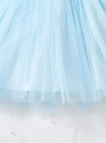 Baby Cartoon Rabbit Print Cold Shoulder Mesh Hem Dress - Blue and White - View 6