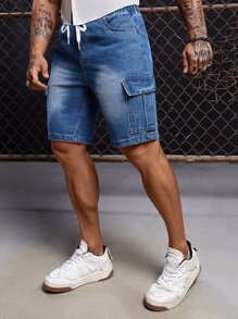 GENTILAND Men Cotton Flap Pocket Side Drawstring Waist Cargo Denim Shorts - Medium Wash - View 1