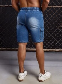 GENTILAND Men Cotton Flap Pocket Side Drawstring Waist Cargo Denim Shorts - Medium Wash - View 2