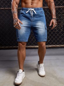 GENTILAND Men Cotton Flap Pocket Side Drawstring Waist Cargo Denim Shorts - Medium Wash - View 5