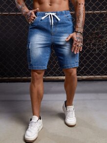 GENTILAND Men Cotton Flap Pocket Side Drawstring Waist Cargo Denim Shorts - Medium Wash - View 6