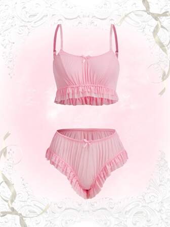 Solid Ruffle Hem Lingerie Set