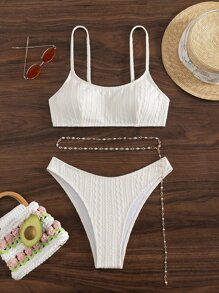 Swim Basics Summer Beach Solid Bikini Set With Chain - White - View 5