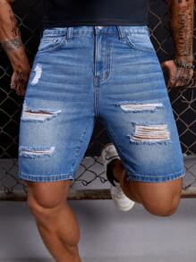 GENTILAND Men Cotton Ripped Frayed Bleach Wash Denim Shorts - Medium Wash - View 1