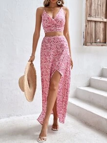 SHEIN Frenchy Ditsy Floral Cami Top & Split Thigh Skirt