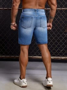 GENTILAND Men Cotton Ripped Frayed Bleach Wash Denim Shorts - Medium Wash - View 2