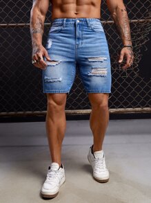 GENTILAND Men Cotton Ripped Frayed Bleach Wash Denim Shorts - Medium Wash - View 3