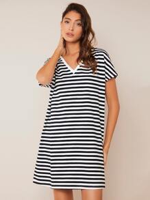 SHEIN BASICS Striped Print V Neck Tee Dress - Black - View 1