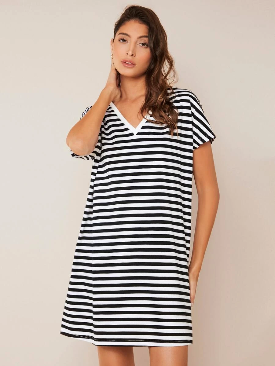 SHEIN BASICS Striped Print V Neck Tee Dress - Black - View 1