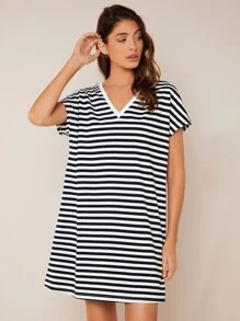 SHEIN BASICS Striped Print V Neck Tee Dress - Black - View 3