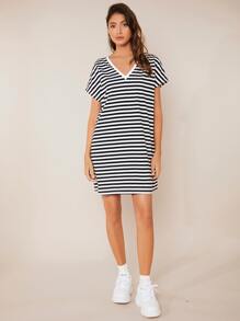 SHEIN BASICS Striped Print V Neck Tee Dress - Black - View 4