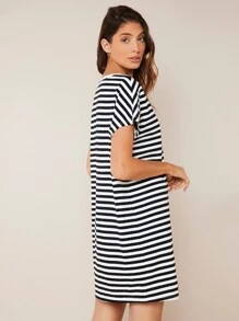 SHEIN BASICS Striped Print V Neck Tee Dress - Black - View 5