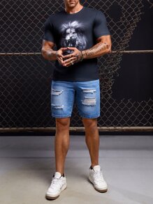 GENTILAND Men Cotton Ripped Frayed Bleach Wash Denim Shorts - Medium Wash - View 4