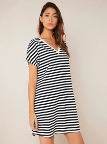 SHEIN BASICS Striped Print V Neck Tee Dress - Black - View 6