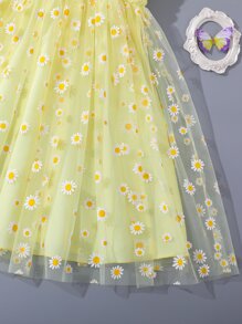 Tween Girl Floral Print Puff Sleeve Mesh Dress - Yellow - View 8
