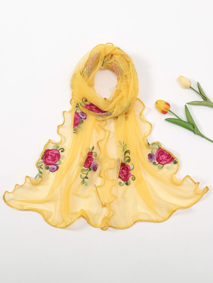 1個花卉刺繡領巾,彈性和褶邊設計,適合女性 - 彩色 - 查看 1