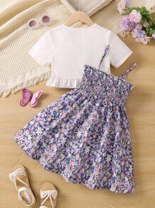 SHEIN Young Girl Floral Printed Sweet Vacation Style Round Neck Regular Sleeve 2pcs/set For Summer - Multicolor - View 2