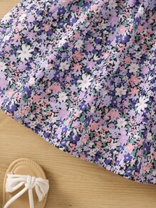 SHEIN Young Girl Floral Printed Sweet Vacation Style Round Neck Regular Sleeve 2pcs/set For Summer - Multicolor - View 5