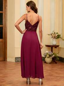 SHEIN Belle Burgundy Red Contrast Sequin Cami Dress - Burgundy - View 2