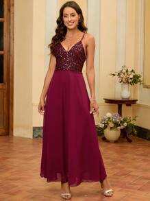 SHEIN Belle Burgundy Red Contrast Sequin Cami Dress - Burgundy - View 3