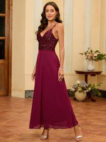 SHEIN Belle Burgundy Red Contrast Sequin Cami Dress - Burgundy - View 4