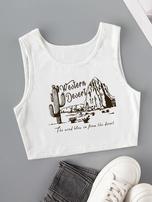 SHEIN EZwear 仙人掌和標語圖案背心上衣