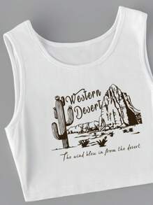 SHEIN EZwear 仙人掌和標語圖案背心上衣 - 白色 - 查看 4