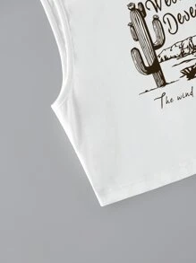 SHEIN EZwear 仙人掌和標語圖案背心上衣 - 白色 - 查看 5