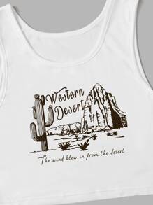 SHEIN EZwear 仙人掌和標語圖案背心上衣 - 白色 - 查看 6