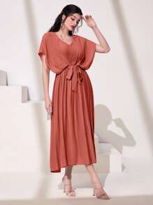 Al Najma Solid Batwing Sleeve A-line Dress - Rusty Rose - View 1