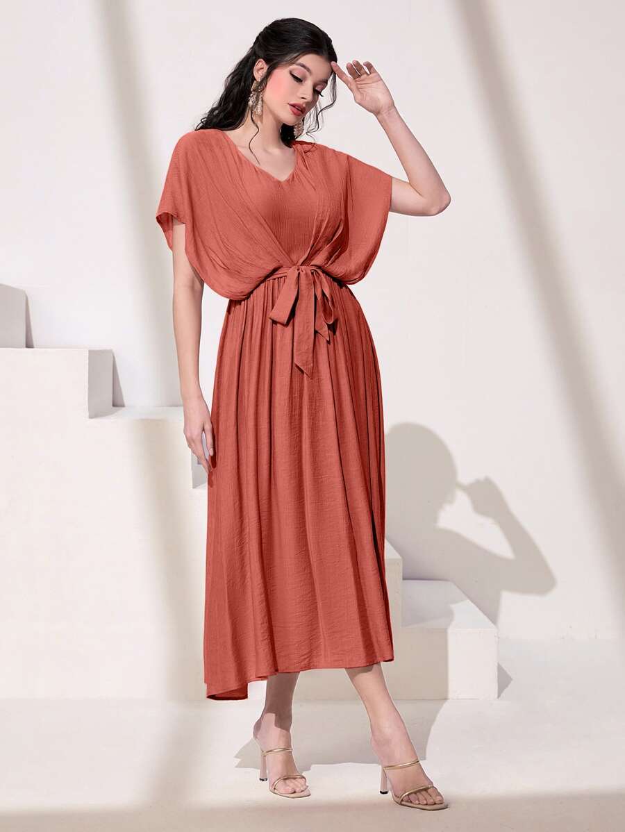 Al Najma Solid Batwing Sleeve A-line Dress - Rusty Rose - View 1