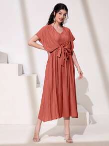 Al Najma Solid Batwing Sleeve A-line Dress - Rusty Rose - View 3