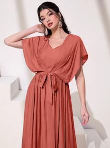 Al Najma Solid Batwing Sleeve A-line Dress - Rusty Rose - View 6