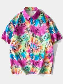 ROMWE MEN Guys Tie Dye Expression & Letter Graphic Shirt - Multicolor - View 1
